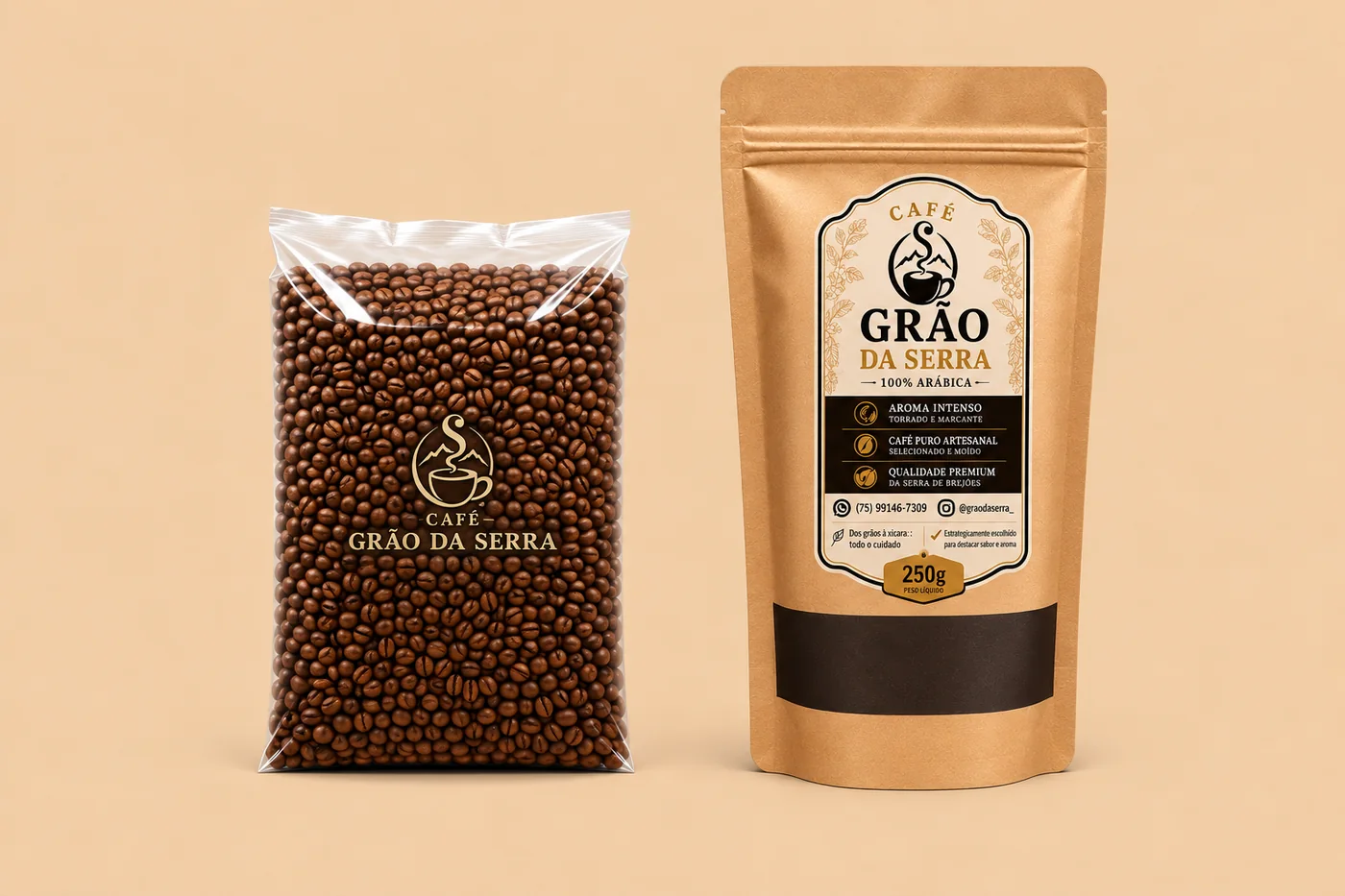 Café Grão da Serra nos dois formatos: em grãos e moído